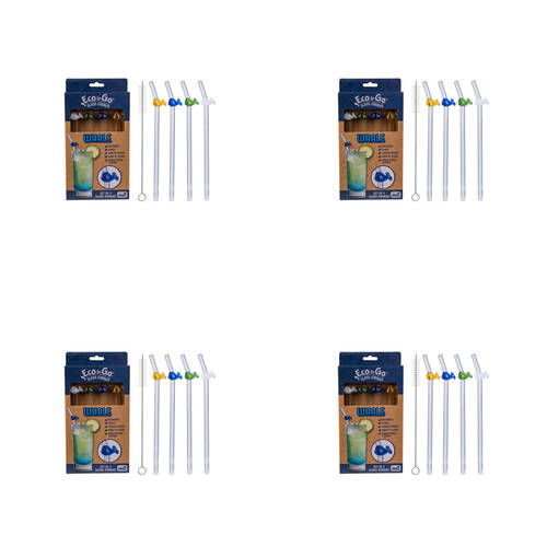 4x 4pc Eco-To-Go Glass Straw Whale Design Reusable with Cleaner Set Clear
