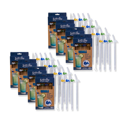 8x 4pc Eco-To-Go Glass Straw Whale Design Reusable with Cleaner Set Clear