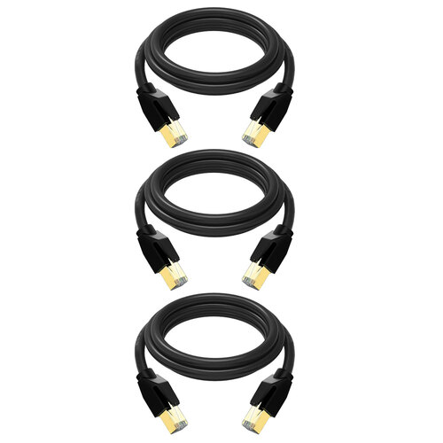 3PK Cruxtec RJ45 LAN CAT8 SF/FTP 30cm Triple Shielding Ethernet Cable - Black