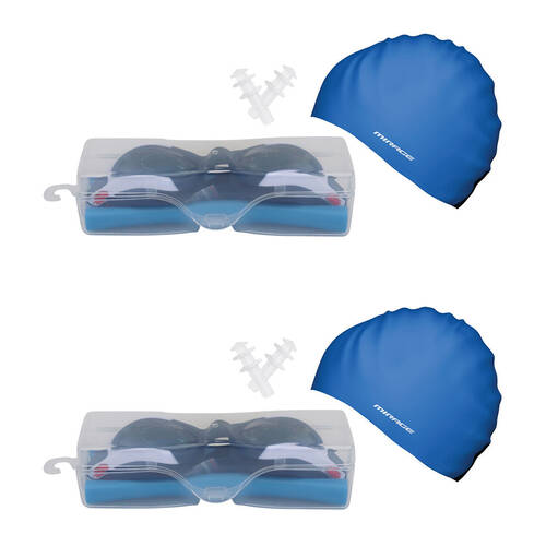 2PK Mirage Unisex Adult Goggles/Swim Cap/Ear Plugs Swimming Pack Blue