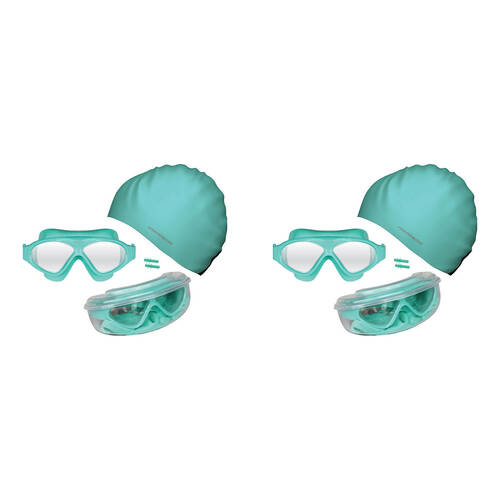 2PK Mirage Bondi Ocean Goggles/Swim Cap/Ear Plugs Swimming Pack Aqua
