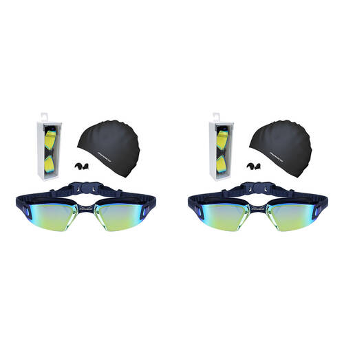 2PK Mirage Lane Master Adult Performance Goggles/Swim Cap/Ear Plugs Pack Black