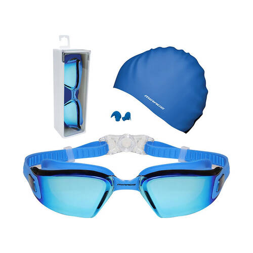 Mirage Lane Master Adult Performance Goggles/Swim Cap/Ear Plugs Swim Pack Blue