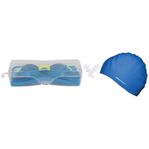 Mirage Junior Kids Goggles/Swim Cap/Ear Plugs Swimming Pack Blue