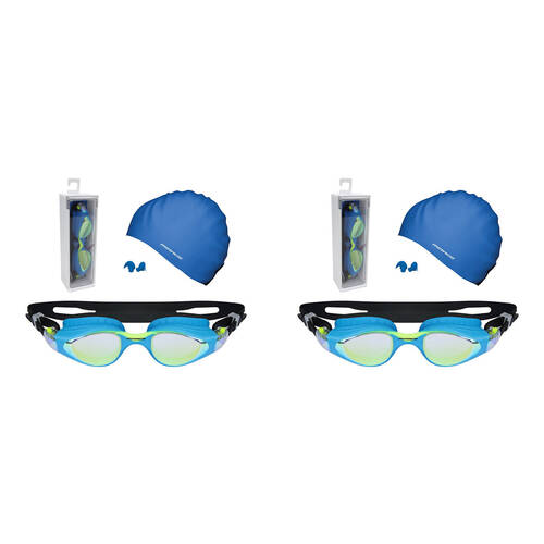 2PK Mirage Vortex Junior Performance Goggles/Swim Cap/Ear Plugs Swim Pack Blue