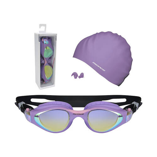 Mirage Vortex Junior Performance Goggles/Swim Cap/Ear Plugs Swim Pack Purple