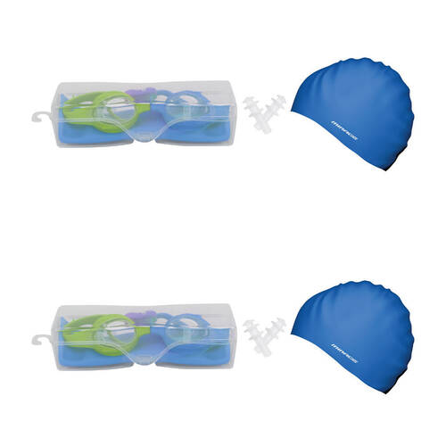 2PK Mirage Kids Goggles/Swim Cap/Ear Plugs Swimming Pack Green/Blue