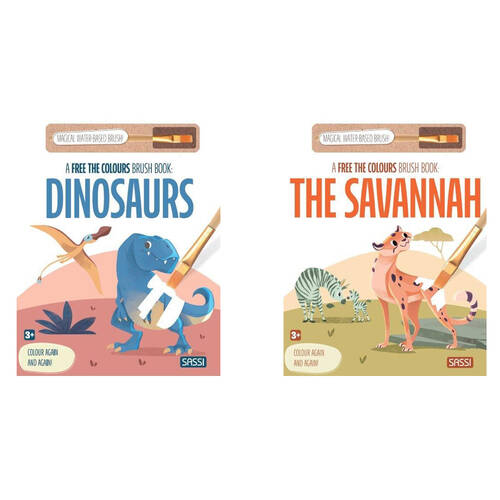 2pc Sassi Free the Colours Paint Brush Book - The Savannah and Dinosaurs 3y+