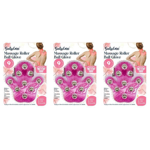 3PK SwissCare Massage Roller Ball Glove 360 Spin Lotion & Oil Friendly Pink