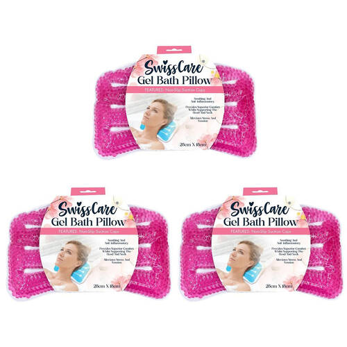 3PK SwissCare Head & Neck Gel Bath Pillow w/ Non-Slip Suction Cups 28x18cm