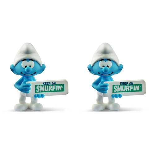 2PK Schleich Kids/Childrens Toy Figurine Smurf with Sign (Keep On Smurfin') 7y+