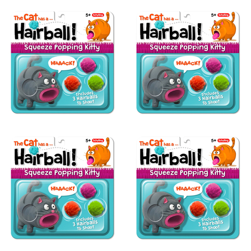 4PK Schylling Hairball Squeeze Popping Kitty w/ 3x Balls Kids Toy 5y+