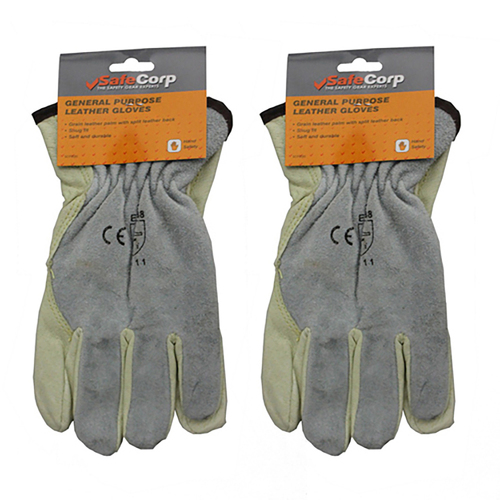 2PK Safecorp PPE Safety General Purpose Gloves Pair Grain Leather Palm