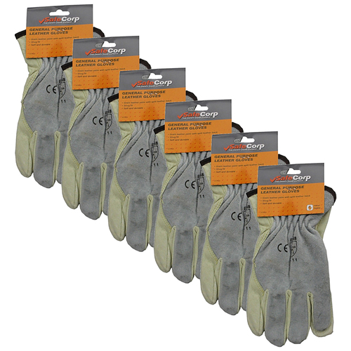 6PK Safecorp PPE Safety General Purpose Gloves Pair Cotton Leather Palm