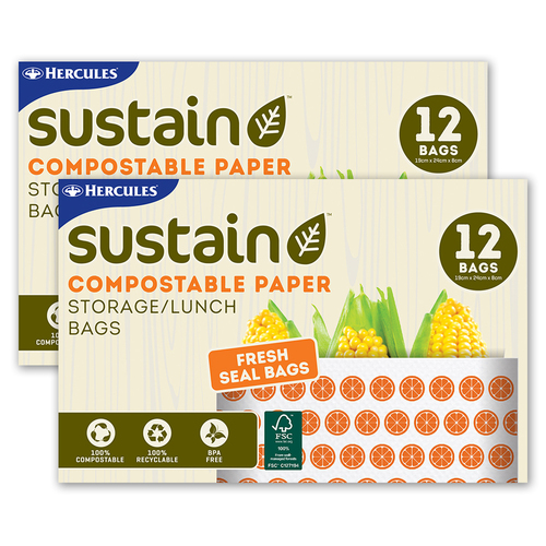 2x 12pc Hercules Sustain Compostable Sealable Paper Storage Bags