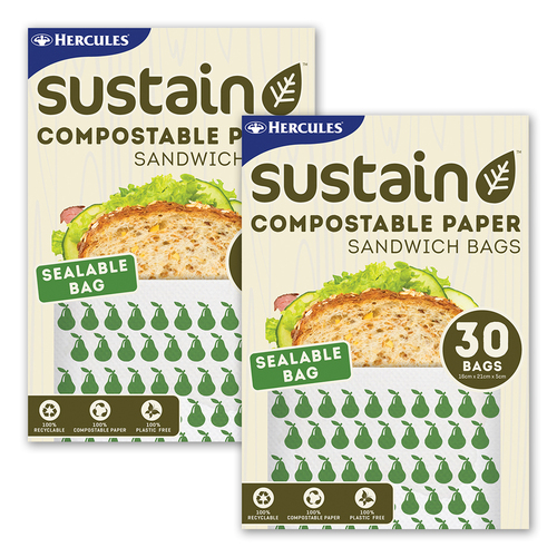 2x 30pc Hercules Sustain Compostable Sealable Paper Sandwich Bags