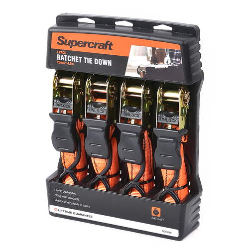 4pc Supercraft Heavy Duty Car/Trailer Tie Down Ratchet Straps 4.6M