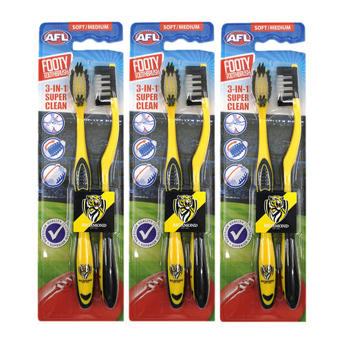3x 2pc AFL Soft/Medium Toothbrush Oral Care Richmond Tigers Kids/Adults 6y+