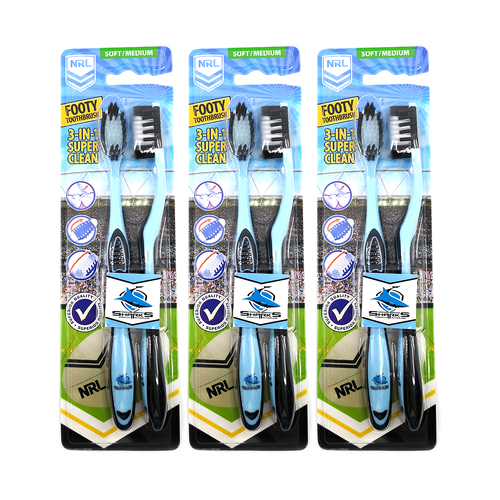 3x 2pc NRL Cronulla Sharks Soft/Medium Toothbrush Kids/Adults Oral Care 6y+
