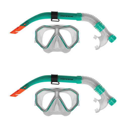 2x 2pc Mirage Caribbean Snorkelling/Swimming Mask & Snorkels Set Green