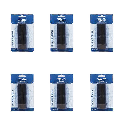 6PK Malli Braided Flat Elastic Band Tape 1cm x 5m - Assorted
