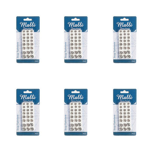 6x 24pc Malli Sewing Metal Snap Fasteners Assorted Sizes - Silver
