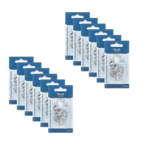 12PK Malli Sewing Metal Finger Thimble & Needle Threader - Silver