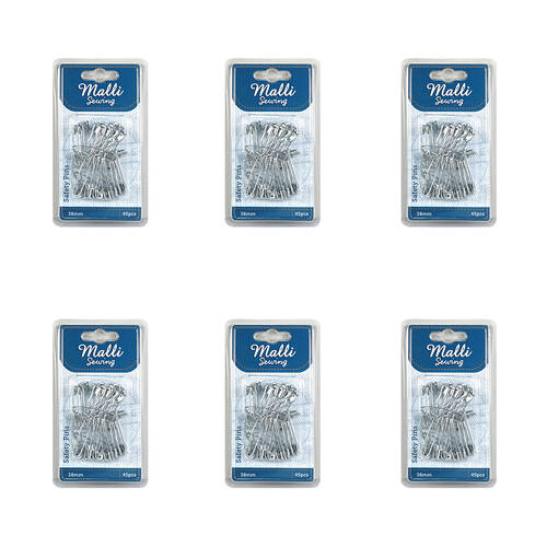 6x 45pc Malli Sewing Assorted Metal Safety Pins 38mm - Silver