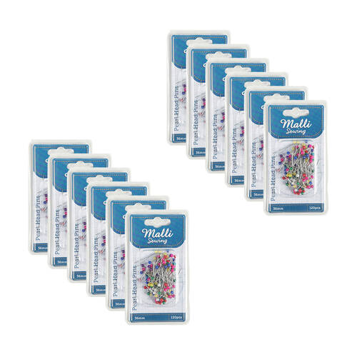 12x 120pc Malli Sewing Metal Pearl Head Pins 36mm - Assorted