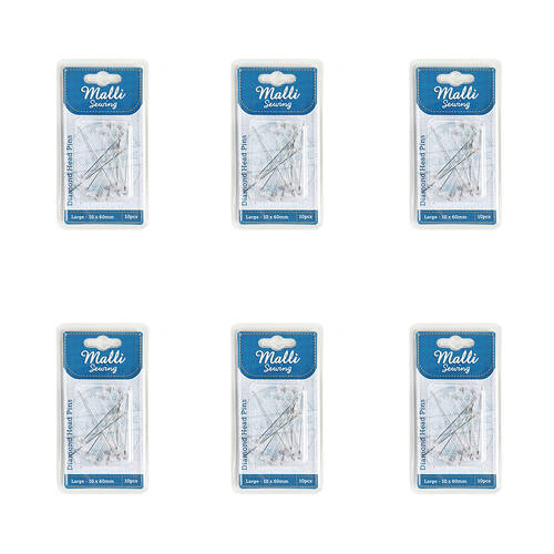 6x 10pc Malli Sewing Metal Diamond Head Pins Large 10x60mm - Silver