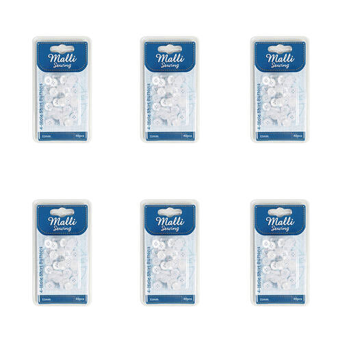 6x 40pc Malli Sewing Classic Plastic Sewing Buttons Round 11mm - White