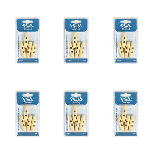 6x 4pc Malli Sewing Wooden Toggle Buttons 50mm - Brown