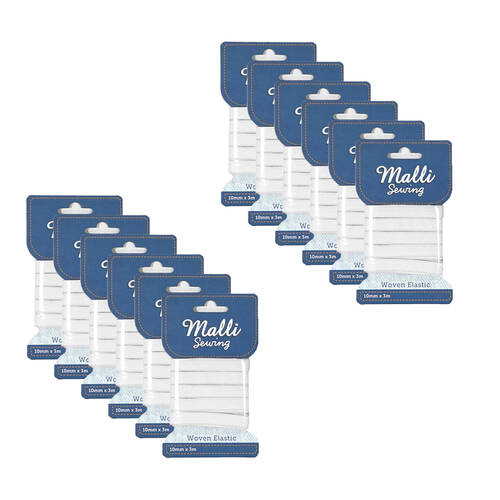 12PK Malli Sewing Soft Elastic Band Cord 10mm x 3M - Assorted
