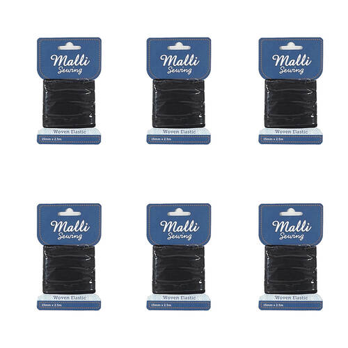 6PK Malli Sewing Soft Elastic Band Cord 15mm x 2.5M - Assorted