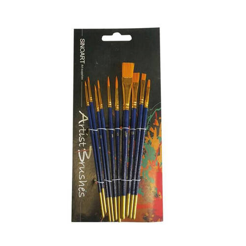 10pc Sinoart Premium Synthetic Golden Sable Artist Painting Brush Set Blue