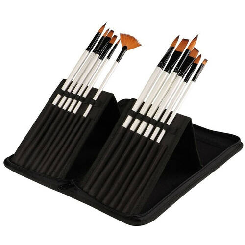 12pc Sinoart Synthetic Long Handled Artist Paint Brush Wallet Black