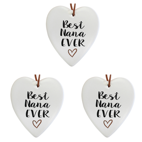3PK LVD Ceramic Hanging 8x9cm Heart Best Nana w/ Hanger Ornament Decor