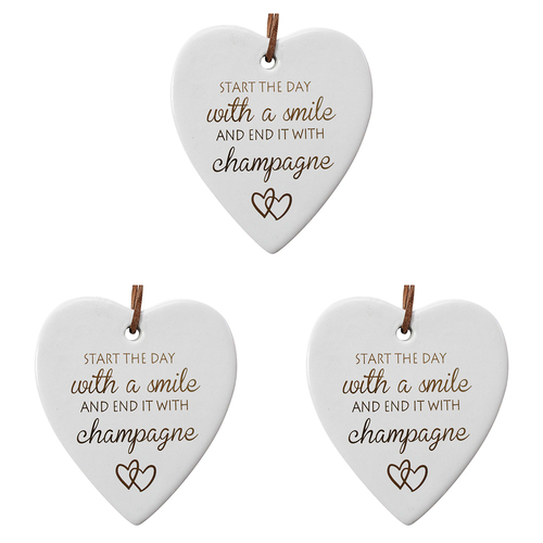 3PK LVD Ceramic Hanging 8x9cm Heart Smile Champagne w/ Hanger Ornament Decor