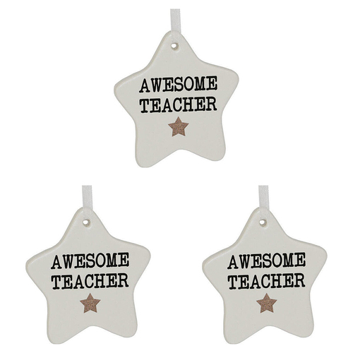 3PK LVD Ceramic Hanging 8x9cm Star Awesome Teacher w/ Hanger Ornament Decor