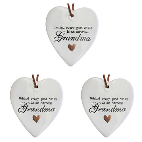 3PK LVD Ceramic Hanging 8x9cm Heart Grandma w/ Hanger Ornament Decor