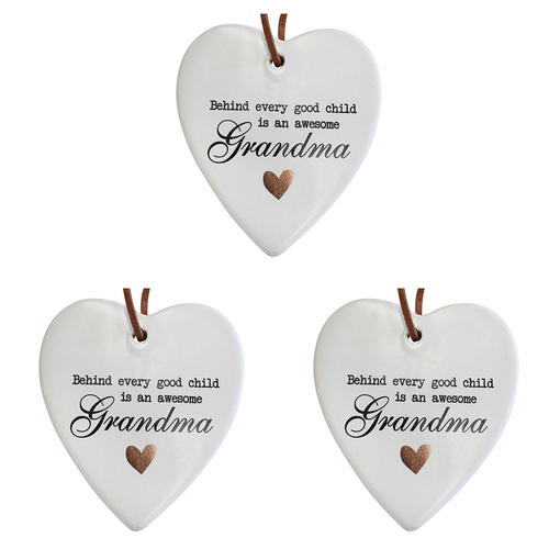 3PK LVD Ceramic Hanging 8x9cm Heart Grandma w/ Hanger Ornament Decor