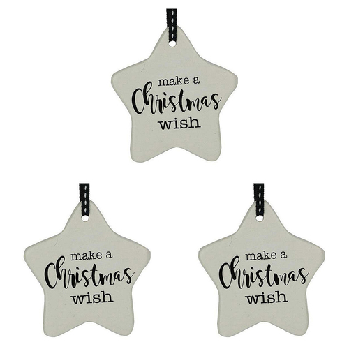 3PK LVD Ceramic Hanging 8x9cm Star Christmas Wish w/ Ribbon Ornament Decor