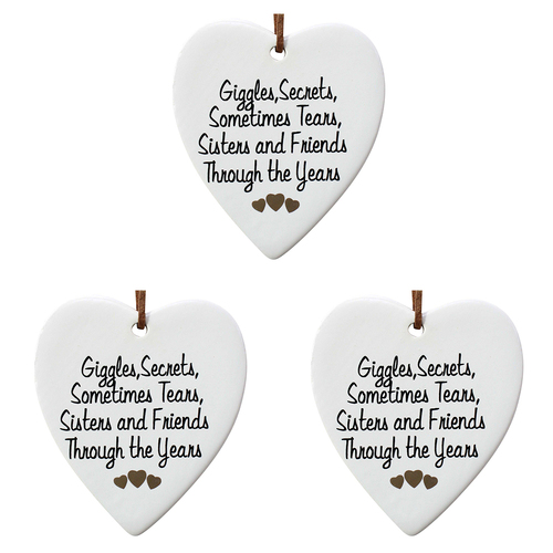 3PK LVD Ceramic Hanging 8x9cm Heart Sisters w/ Hanger Ornament Decor