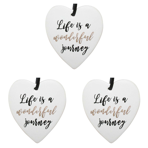 3PK LVD Ceramic Hanging 8x9cm Heart Wonderful Journey w/ Hanger Ornament Decor