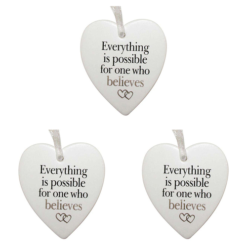 3PK LVD Ceramic Hanging 8x9cm Heart Believes w/ Hanger Ornament Decor