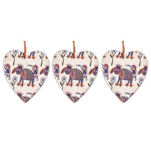 3PK LVD Ceramic Hanging 8x9cm Heart Vintage Sheep Ornament Home Decor