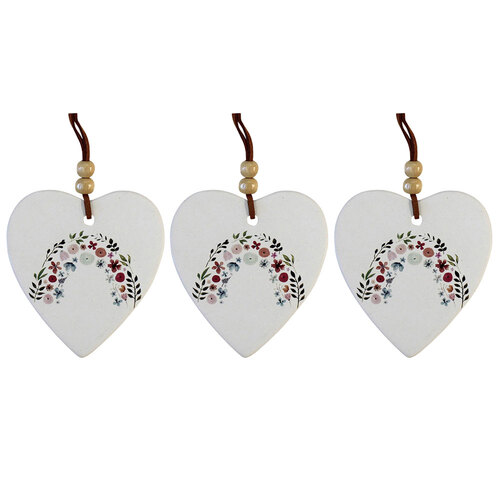 3PK LVD Ceramic Hanging 8x9cm Heart Rainbow Flowers w/ Hanger Ornament Decor