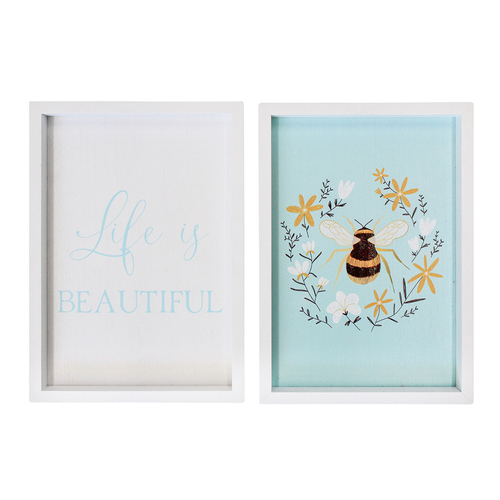 2PK LVD Life Is Beautiful Bee 28cm MDF Wall Hanging Sign Decor Set