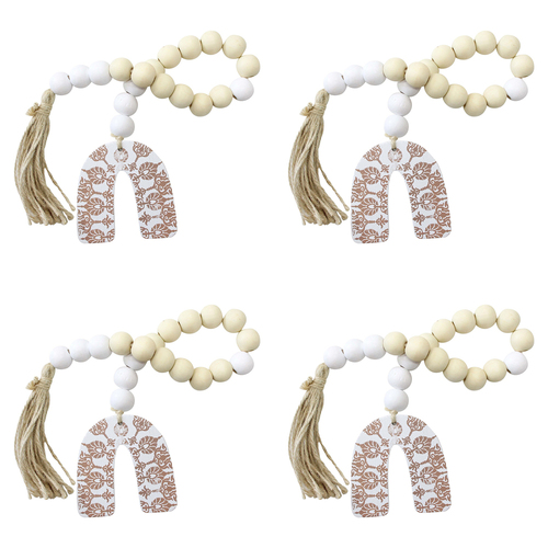 4PK LVD Wood/MDF/Jute 53cm Arch Strand Bead Decor - White