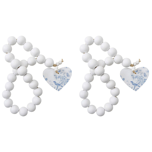 2PK LVD Wood/MDF/Jute 36cm Tassel Heart Hamptons Bead - White